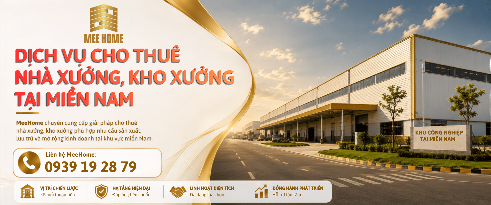MeeHome chuyên cung cấp dịch vụ cho thuê nhà xưởng, kho xưởng, kho bãi và kho logistics tại miền Nam